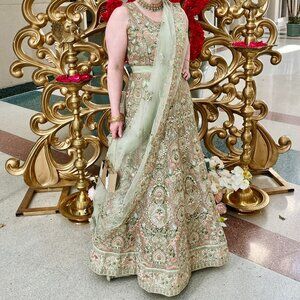 EUC Pastel Green & Peach Embroidered Lehenga Set With Choli & Dupatta